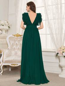 Ladies' Solid Color Ruffle Hem Slit Bridesmaid Dress - Green - View 2