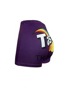 Women's Fashion Letter & Rainbow Print Tight Shorts, Summer - Purple - View 3
