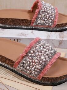 SHUZIA Women's Fashion Rhinestone & Faux Pearl Decor Flat Sandals