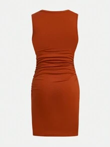 SHEIN Cô gái Tween Dệt kim Màu thuần Không tay Tròn Đường viền cổ áo Xù Đầm giản dị - màu nâu - Xem 2