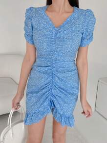 DAZY Ladies' Floral Print Pleated Short Puff Sleeve Dress Sundress