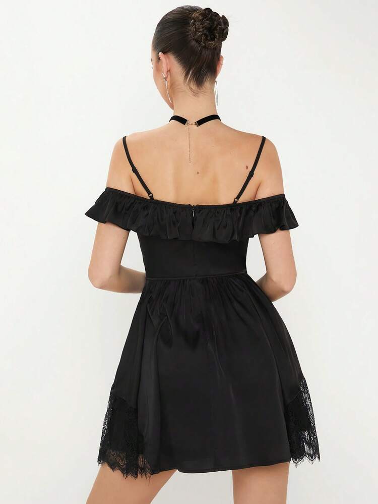 Summer Women's Solid Color Splice Off Shoulder Ruffle Hem Cute Dress