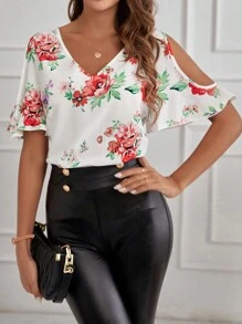 SHEIN Clasi Blusa de manga corta con hombros descubiertos y estampado floral para mujer - Multicolor - Ver 3
