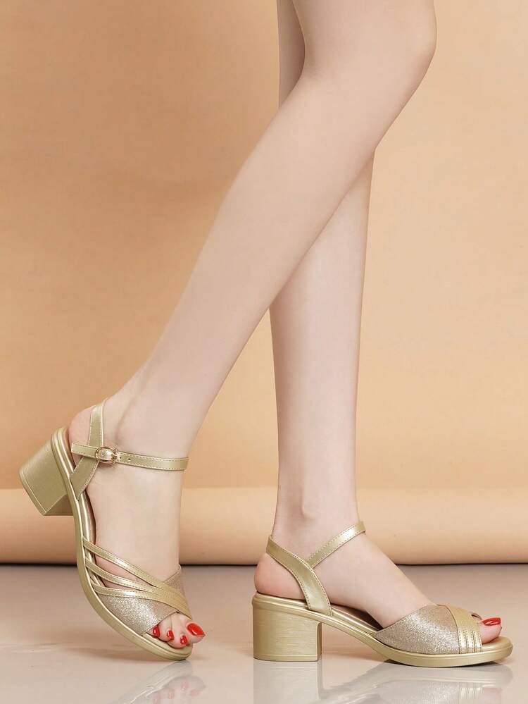 新款夏季時尚啞光粗跟鞋帶高跟鞋 - 金色 - 查看 4