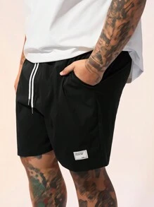 EASEVO Men's Plus Size Alphabet Patch Woven Casual Straight Shorts Baggy Drawstring Knee Plain Black Going Out