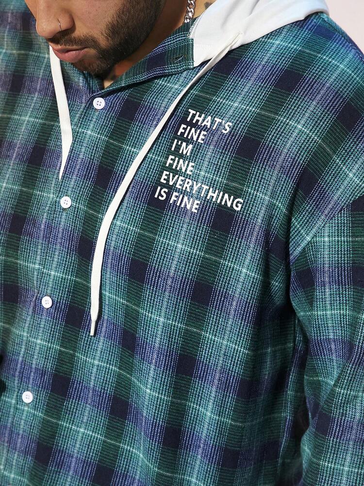 Men's Plus Size Plaid Slogan Print Color Block Drawstring Hooded Shirt