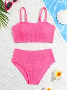 Conjunto de bikini textureado de unicolor para niña preadolescente, conjunto de bikini separado para playa de verano - Rosa Fucsia - Ver 1
