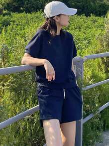 DAZY Solid Color Round Neck Short Sleeve Casual Top And Elastic Waist Shorts,Women Two Pieces Sets Lounge Sets For Women - Royal Blue - View 3