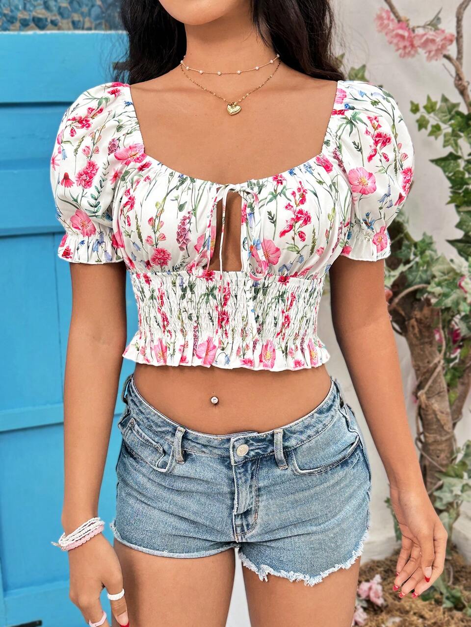 Women's Floral Printed Puff Sleeve Cropped Shirt