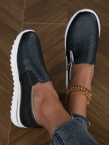 BALTEOP Women Green Metal Zipper Casual Comfortable Slip-On Elastic Strap PU Leather Patchwork Plaid Sneakers - Black - View 4