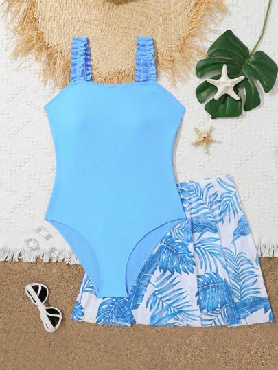 SHEIN Sparklyn 青少女純色單片式泳衣和熱帶印花遮陽裙