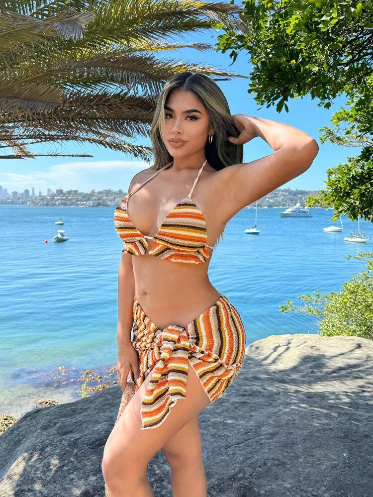 Women's 2pcs/Set Bohemian Style Rainbow Striped Halter Neck Vest And Skirt Set For Beach Vacation