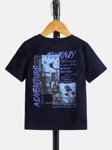 SHEIN Young Boys' Street Fashionable Casual City Scene & Slogan Printed Top