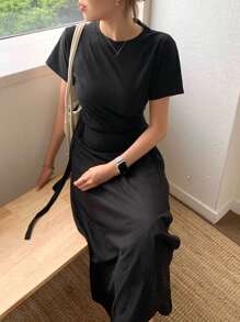 DAZY Conjunto de dos piezas para mujer con top de cuello redondo de unicolor y falda envolvente - Negro - Ver 6