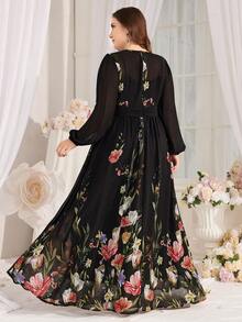 大码花卉印花灯笼袖连衣裙 - 黑色 - 查看 2