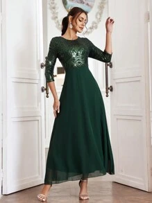 SHEIN Belle 閃亮鋪面的十字背帶露背伴娘禮服 - 綠色 - 查看 6