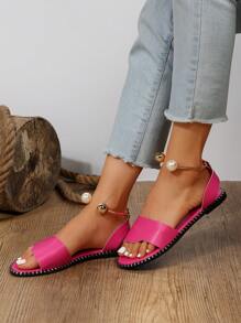 全新夏季纯色休闲时尚金属仿珍珠扣装饰平底凉鞋 女式情人节款 - 玫紅色 - 查看 6