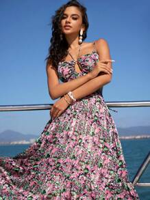 Anewsta Vestido Con Tirantes Finos Sin Espalda Y Estampado De Plantas Para Mujer - Multicolor - Ver 4