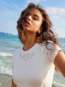 Anewsta 圓領局部鏤空刺繡t卹 - 白色 - 查看 4