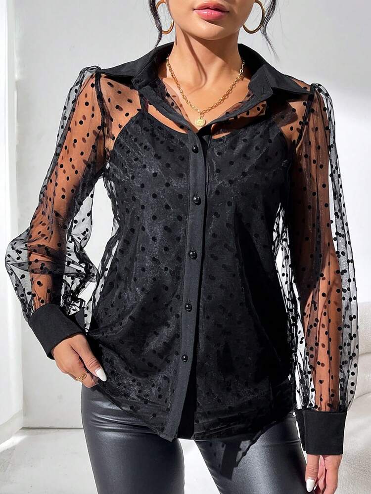 Women's Polka Dot Mesh Long Sleeve Shirt Fall Cloth For Women