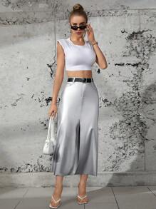 SHEIN Essnce Của phụ nữ Sáng bóng Da giả Mặt trước Giải trí Váy - Bạc - Xem 4