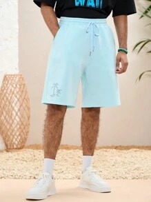 Manfinity VCAY 男士節日服裝春夏夏威夷音樂節度假活動針織休閒椰子印花藍色彈性腰短褲 - 藍色 - 查看 4