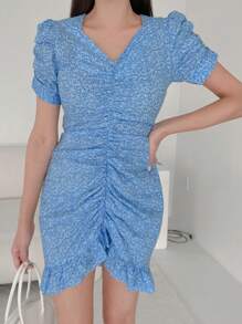 DAZY Ladies' Floral Print Pleated Short Puff Sleeve Dress Sundress