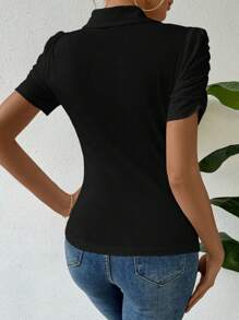 Chiquease Solid Color Pleated Puff Sleeve T-Shirt - Black - View 2