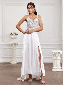 SHEIN Belle Sequin Patchwork Split Front Cold Shoulder Wedding Dress With V-Neckline