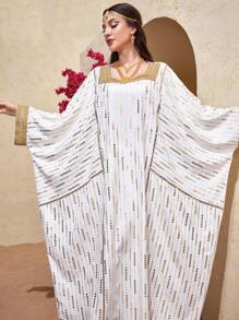 Al Najma 女式蝙蝠袖卡夫坦连衣裙，饰有金箔印花和编织丝带拼布，端庄大方 - 白色 - 查看 5