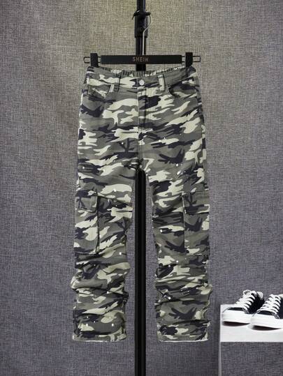 SHEIN Tween Boys' Camouflage Printed Straight Leg Denim Jeans With Flap Pocket And Side Cargo Pocket, For Tween Boy Outfits