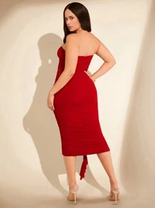 SHEIN BAE Strapless Ruffled Bodycon Midi Dress With Pleats And Front Draping Detail For Women - Red - View 7