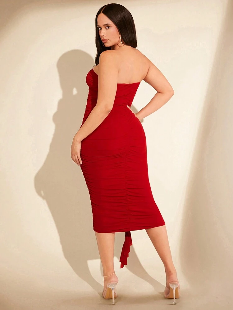 Strapless Ruffled Bodycon Midi Dress With Pleats And Front Draping Detail For Women