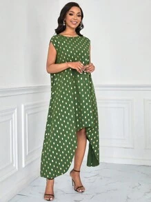 SHEIN Clasi Polka Dot Print Round Neck Asymmetric Hem Dress - Green - View 6