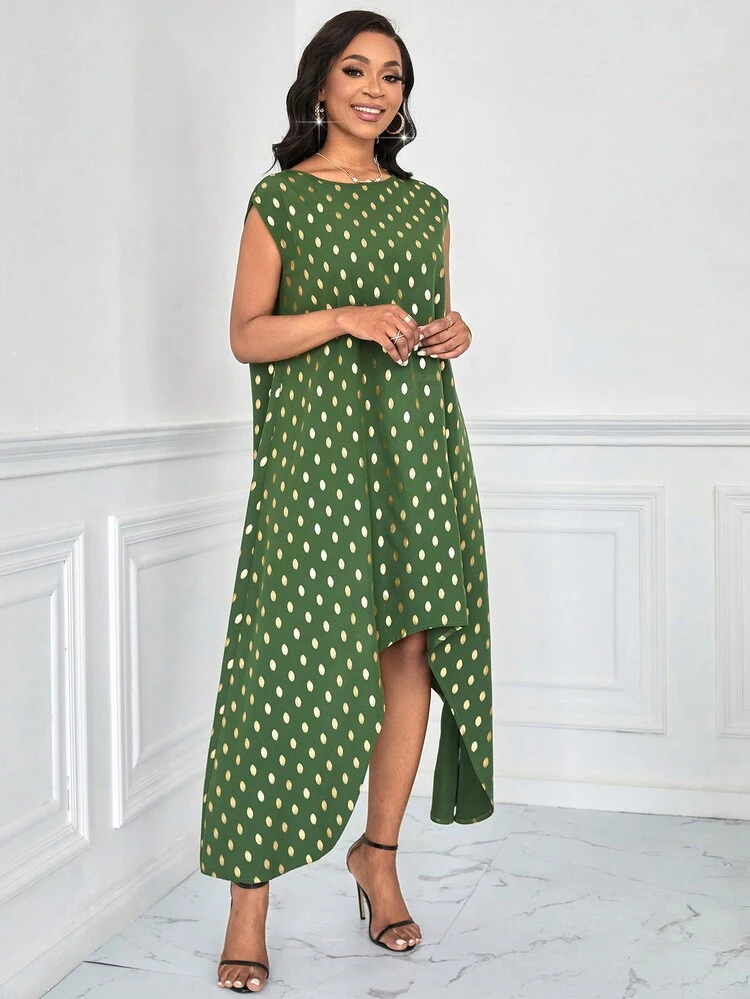 Polka Dot Print Round Neck Asymmetric Hem Dress
