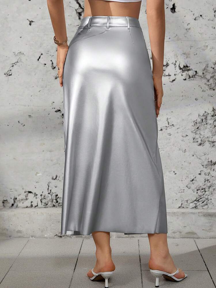 Women's Shiny Faux Leather Front Mid-Split Casual Skirt