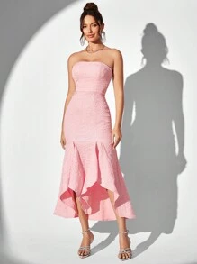 SHEIN Belle 女性浪漫優雅的提花織物人魚形短裙,蓬鬆的下擺和無肩帶的設計,適合於雞尾酒會、派對或婚禮 - 粉色 - 查看 1