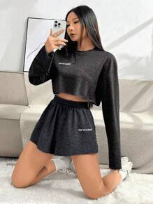 INAWLY Quý cô In thư Quần skinny Áo Và Bộ quần short - Màu xám đen - Xem 4