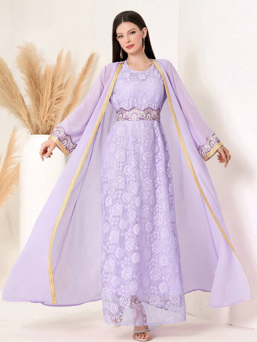 Embroidered Lace Detail Dress And Patchwork Woven Tape Outerwear - Purple - View 1