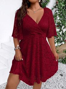 SHEIN Clasi Plus Size Lace V-Neck High Waist Dress, Burgundy Color Women Outfit