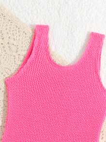 SHEIN Baby Girl Solid Pink Textured One Piece Swimsuit For Summer, Beach, Swimming Pool - Hot Pink - View 3