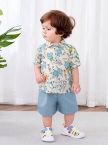 SHEIN Leap Crew Baby Boys' Cute Cartoon Robot Pattern Turn-Down Collar Short Sleeve Shirt And Casual Shorts Set - Multicolor - View 4