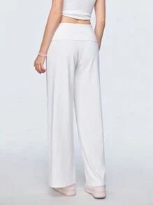 SHEIN Qutie Của phụ nữ Trắng Eo thấp Rộng chân Quần Với Gấp lại Dây thắt lưng - trắng - Xem 2