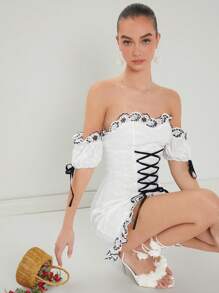 Enchnt Của phụ nữ Off-shoulder Ngắn tay Đầm Với Viền trang trí , Eo Buộc - trắng - Xem 4