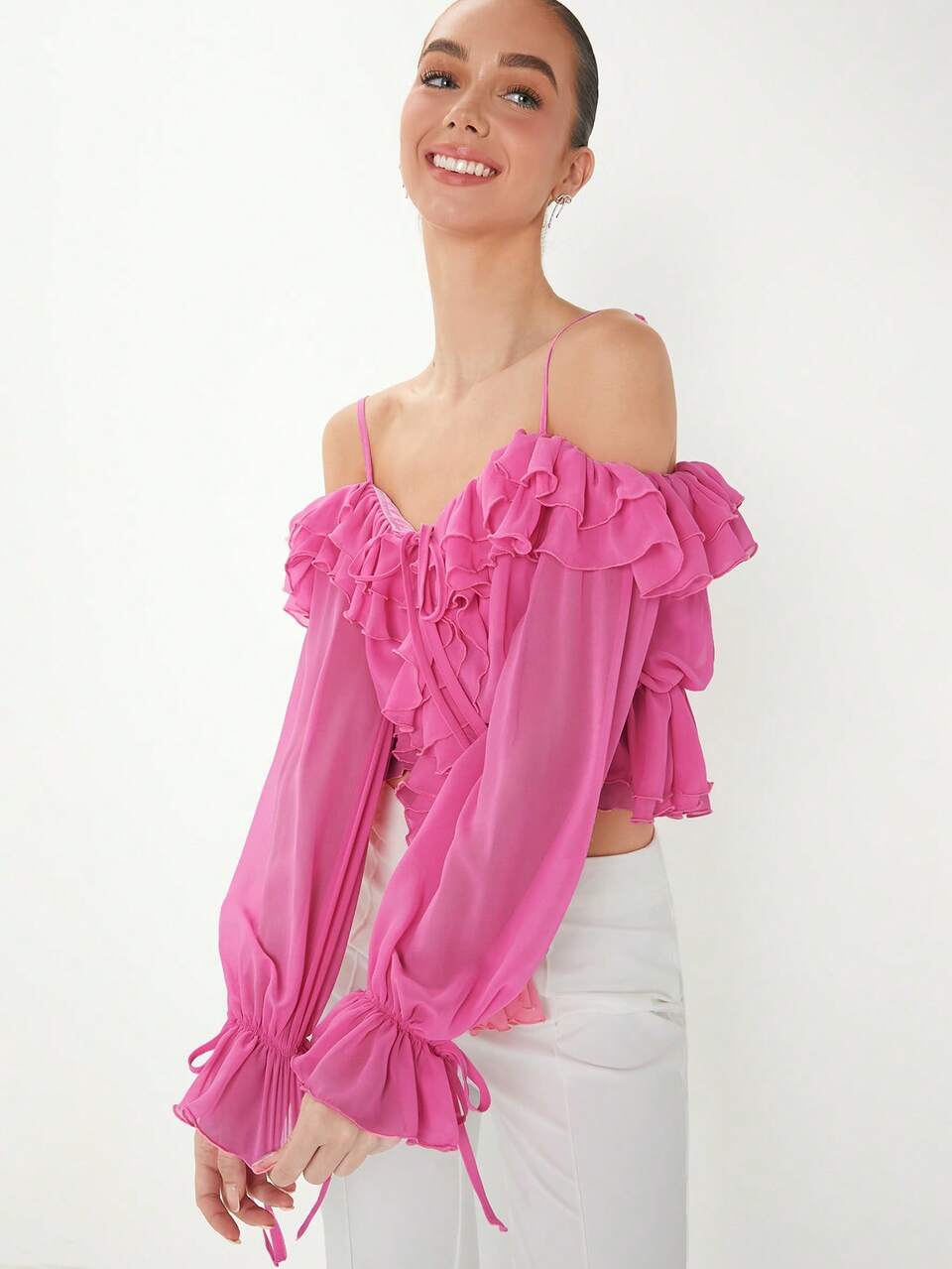 Women's Cold-Shoulder Long Sleeve Blouse With Ruffle Trim