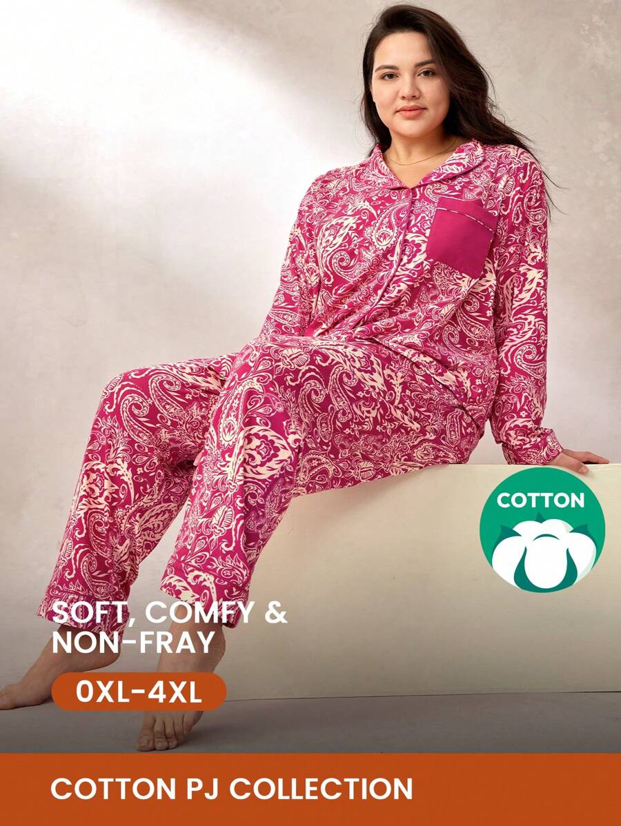 LUVLETTE Autumn And Winter Women Red Plus Paisley Print Cotton Long Pajama Set Lounge Set Lingerie Fall Pajamas Clothes - Hot Pink - View 1