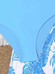 SHEIN Sparklyn 青少女純色單片式泳衣和熱帶印花遮陽裙