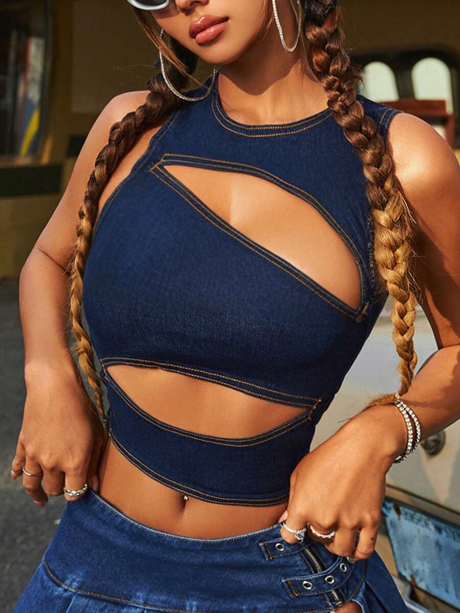 SHEIN ICON Quý cô Thon gọn Xu hướng: Cắt giảm Tops Denim - Màu xanh lam - Xem 1
