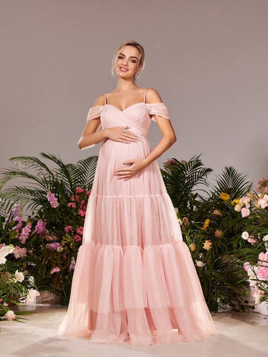 Faeriesty Đầm dự tiệc lưới bèo nhún hở vai cho bà bầu Dressalisa
