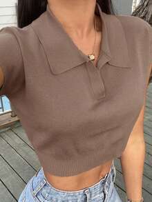 DAZY 女裝實色短款針織上衣,配腰帶和翻領 - 卡其色 - 查看 6